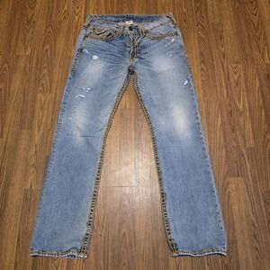 True Religion Men's Jeans 36 Blue Distressed Super T Yellow Stitch Y2K USA Made